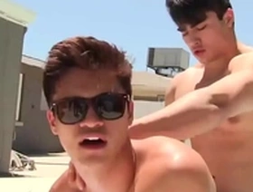 Steamy poolside action with gay Asian twink and his hunk boyfriend