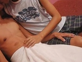Twink and his Asian boyfriend try out bareback sex.