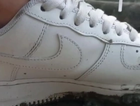 Jon Arteen enjoys playing in the mud with his Nike Air Force One AF1 sneakers on his bare feet. Gay foot fetish boy porn video.