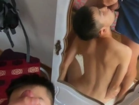 Asian gay teen dominated by the mirror