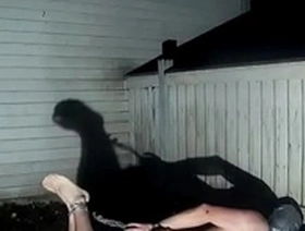 SELFBONDAGE HOGTIE IN DARK BACKYARD.